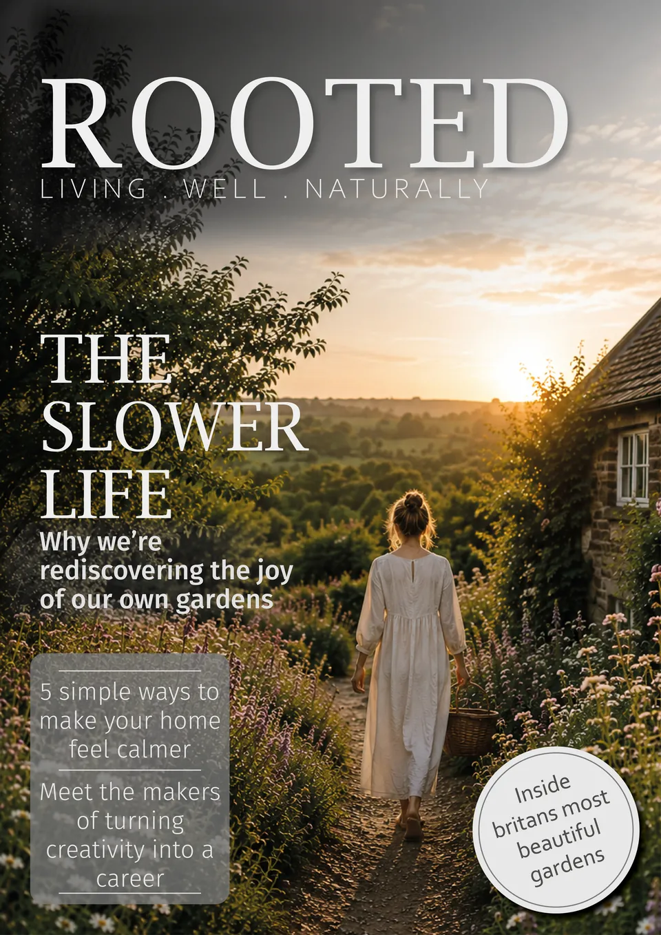 Rooted magazine cover “The Slower Life”, a woman walking a garden path at sunset