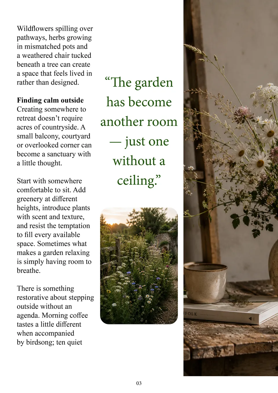 Rooted feature page carrying a green pull-quote about the garden as another room
