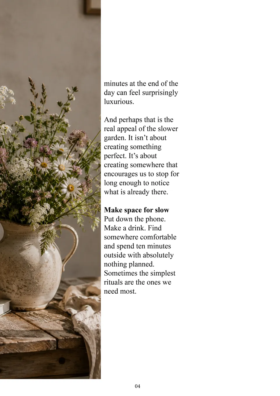 Rooted feature page closing the article beside a still life of dried flowers in a jug