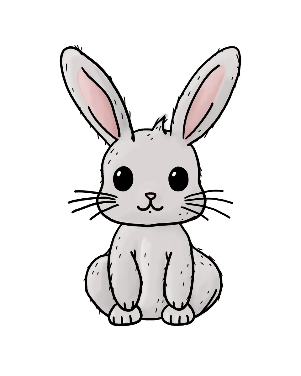 Cartoon grey rabbit sitting with its long ears raised