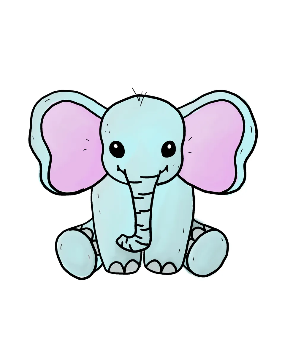 Cartoon pale blue elephant sitting with wide pink-lined ears