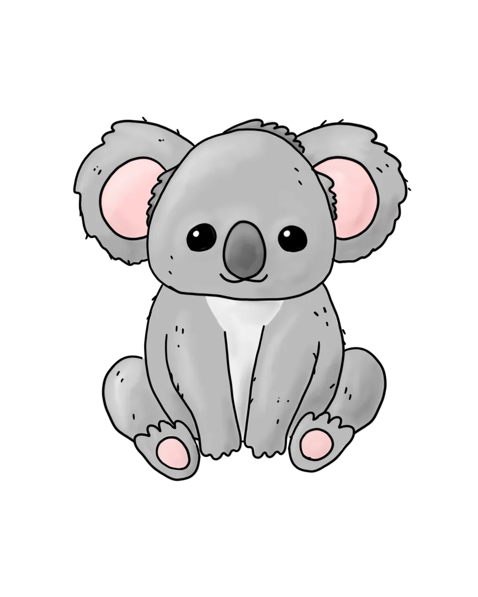 Cartoon grey koala sitting face-on with round fluffy ears