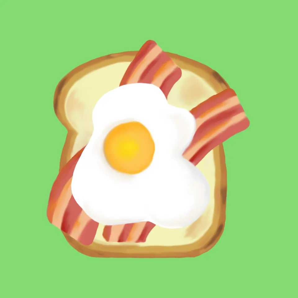 Painted illustration of a fried egg and two bacon rashers on toast against green