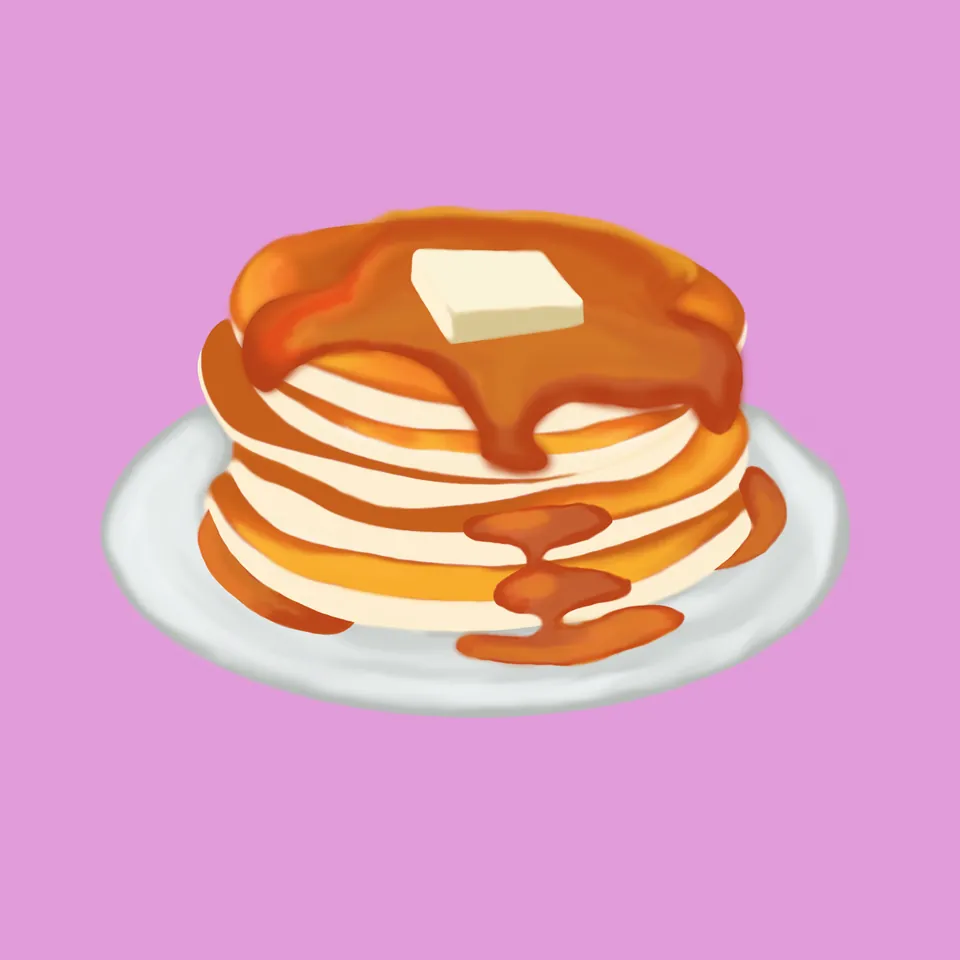 Painted illustration of a syrup-drizzled pancake stack topped with butter, on lilac