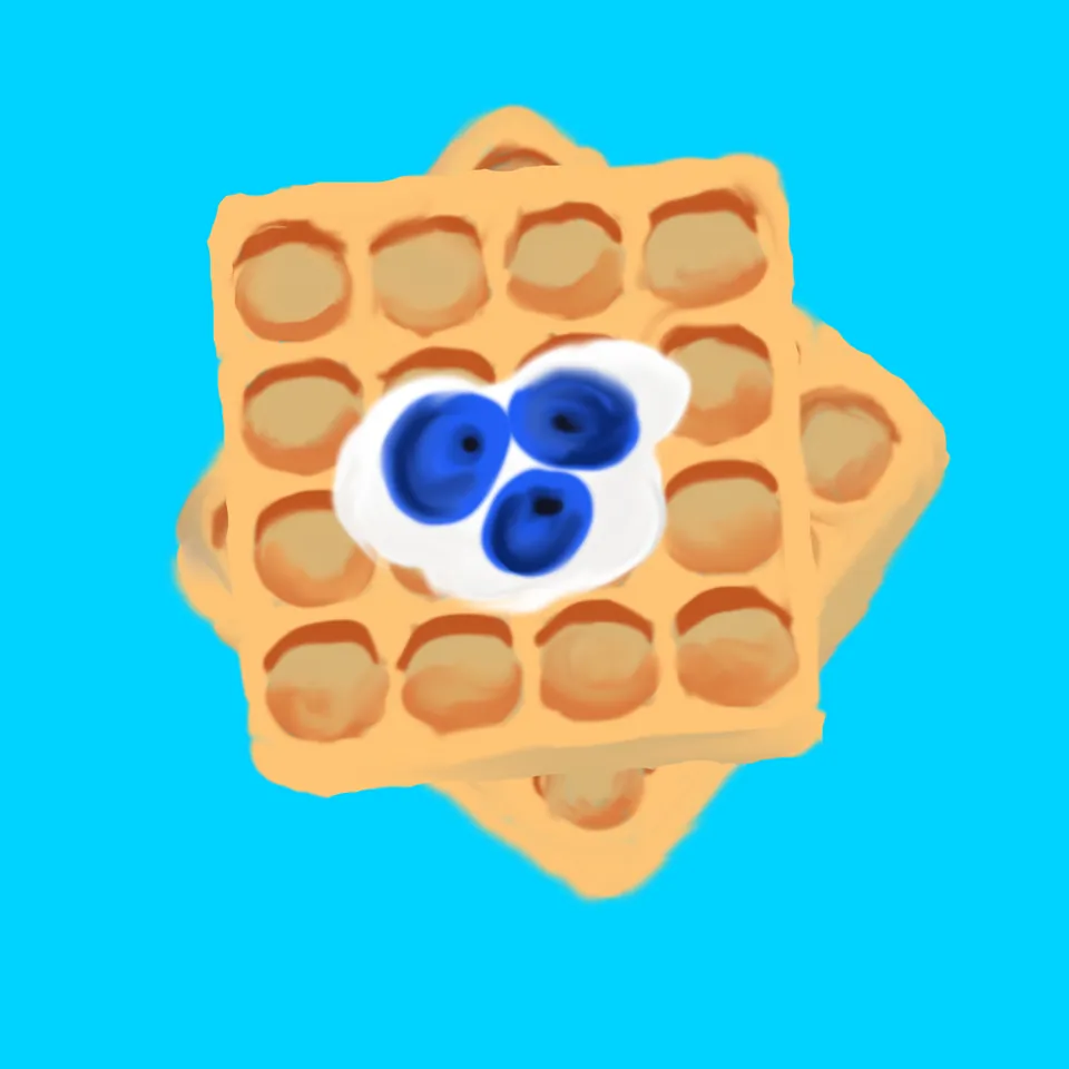 Painted illustration of two waffles with cream and blueberries on a cyan background