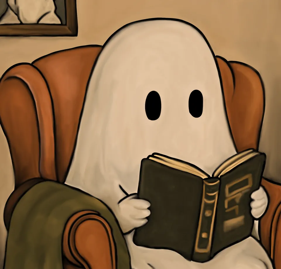 Detail from “Boo” showing the ghost holding an open book, a blanket over the chair arm