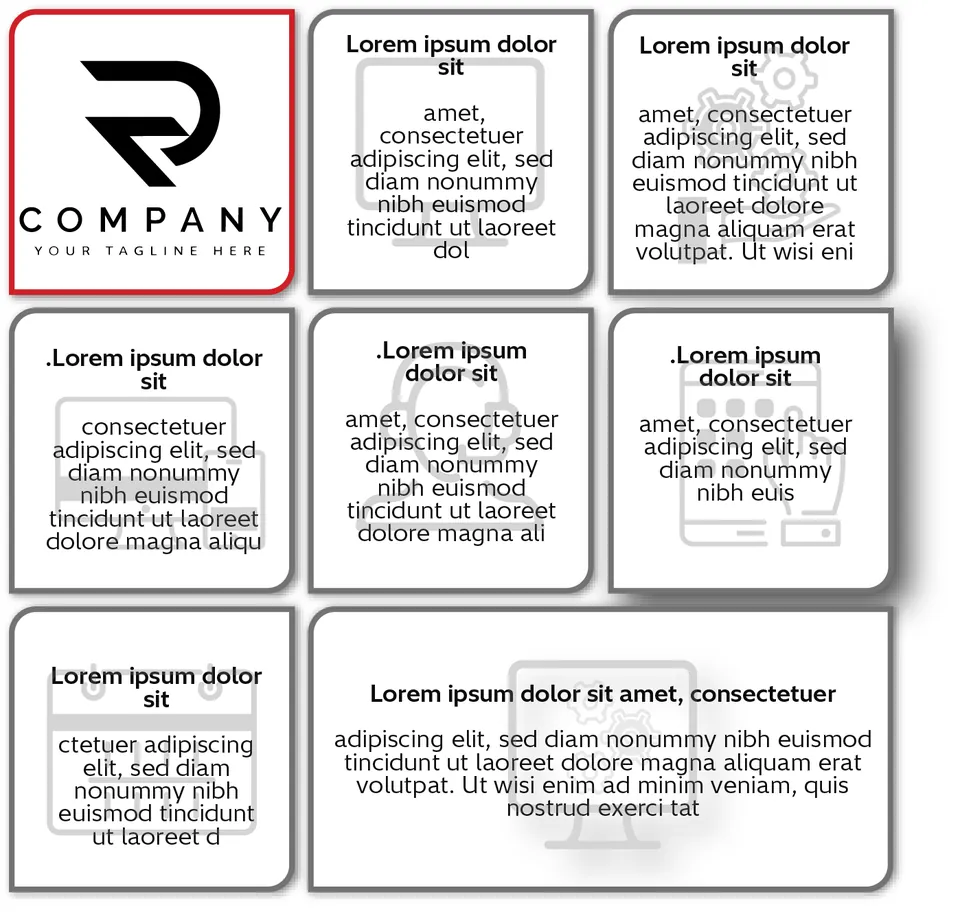 Grid of rounded placeholder cards set beside a company logo tile