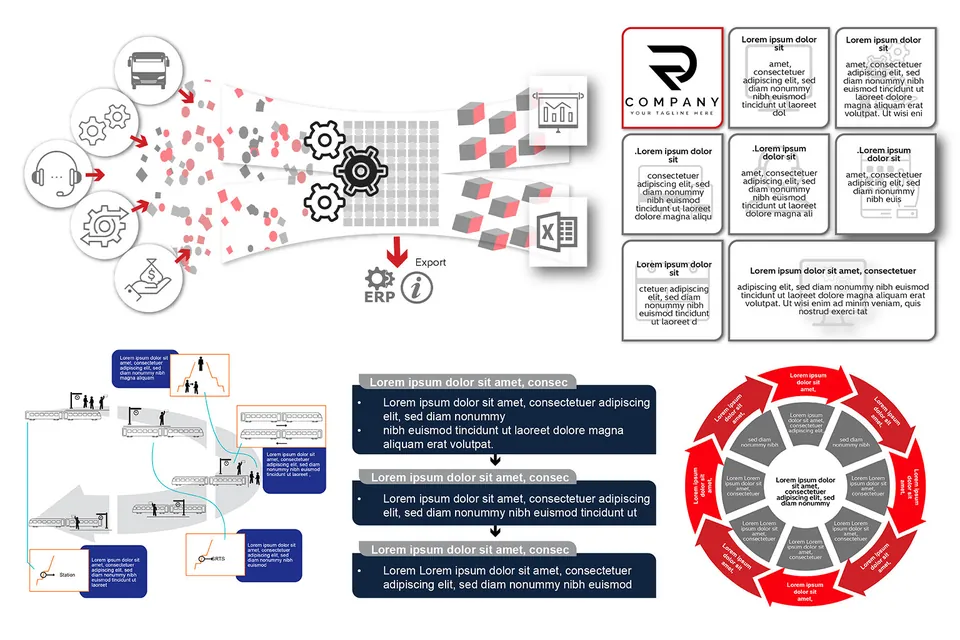 Composite board gathering several of the infographic layouts together