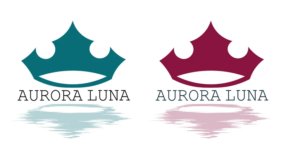 Aurora Luna logo in teal and burgundy, a crown above the wordmark with a rippled reflection