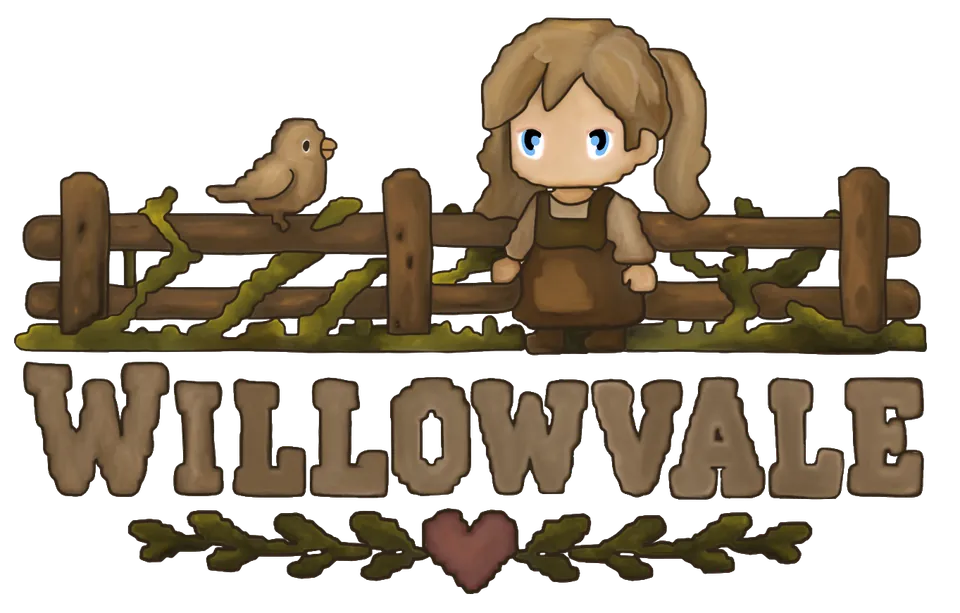 Willowvale logo lockup with a girl and a bird on a mossy fence above leaf-framed lettering