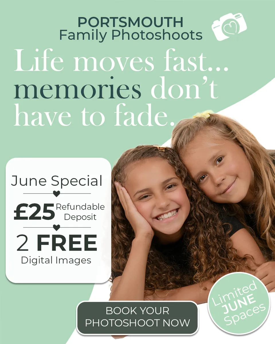 Babia Studios family advert in green reading “Life moves fast… memories don’t have to fade”