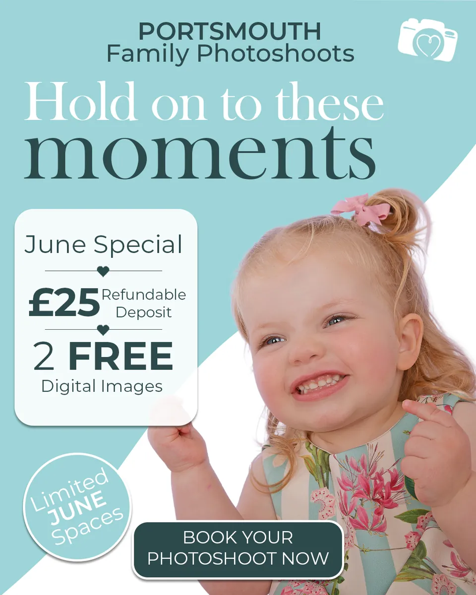 Babia Studios family advert in blue reading “Hold on to these moments”, with a toddler portrait