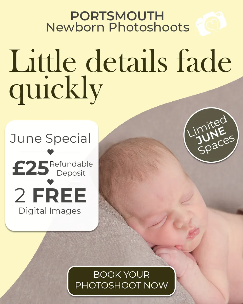 Babia Studios newborn advert in yellow reading “Little details fade quickly”, with a June offer