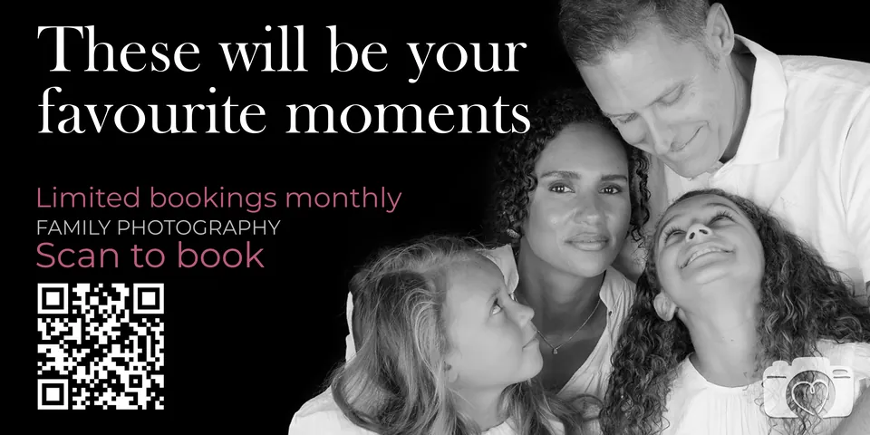 Babia Studios family banner in black reading “These will be your favourite moments”, booked monthly