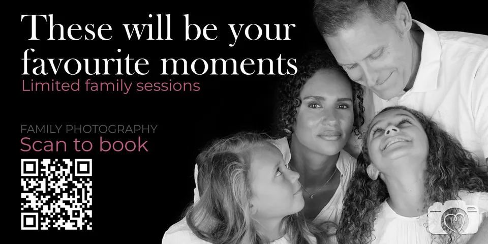 Babia Studios family banner in black promoting limited family sessions, with a QR code