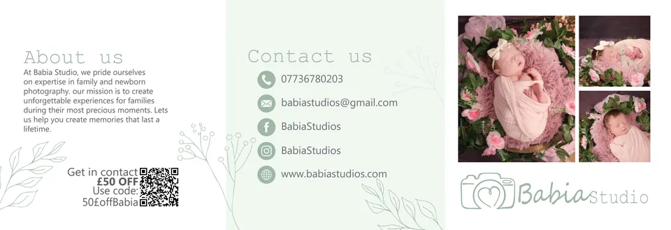 Babia Studios tri-fold leaflet, outer spread with About us, Contact us and a photo panel