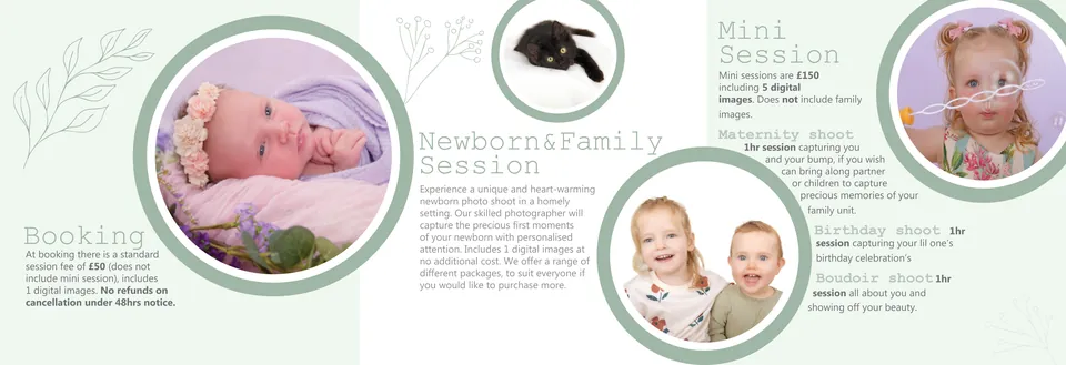 Babia Studios tri-fold leaflet, inner spread listing booking, newborn, family and mini sessions