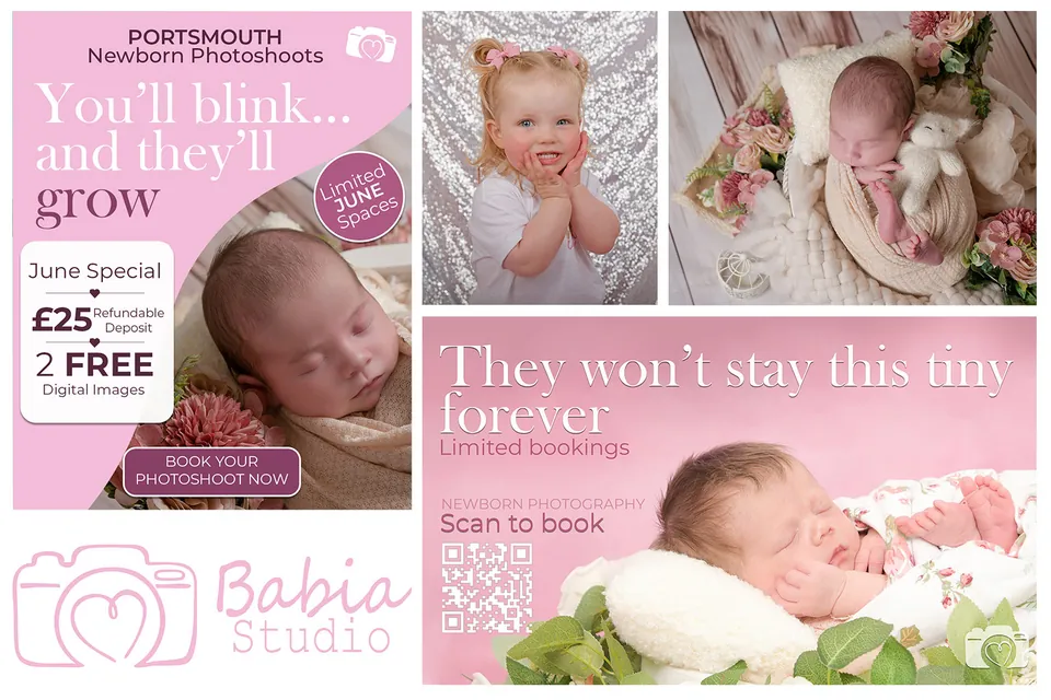 Babia Studios pink campaign montage of advert, banner, session photographs and logo
