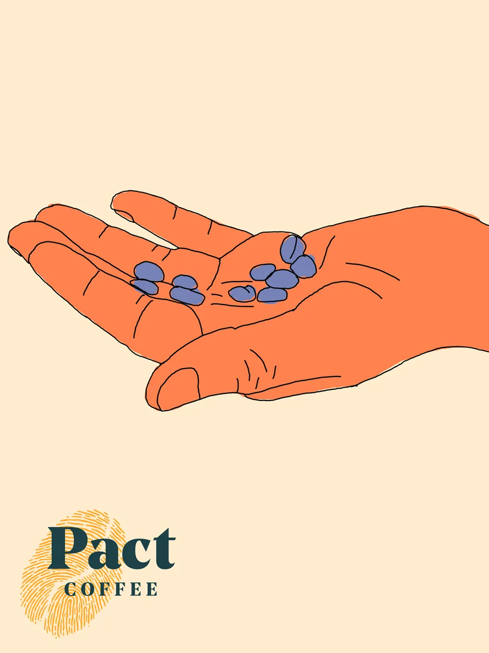 Pact Coffee artwork of an open orange hand holding coffee cherries above the wordmark