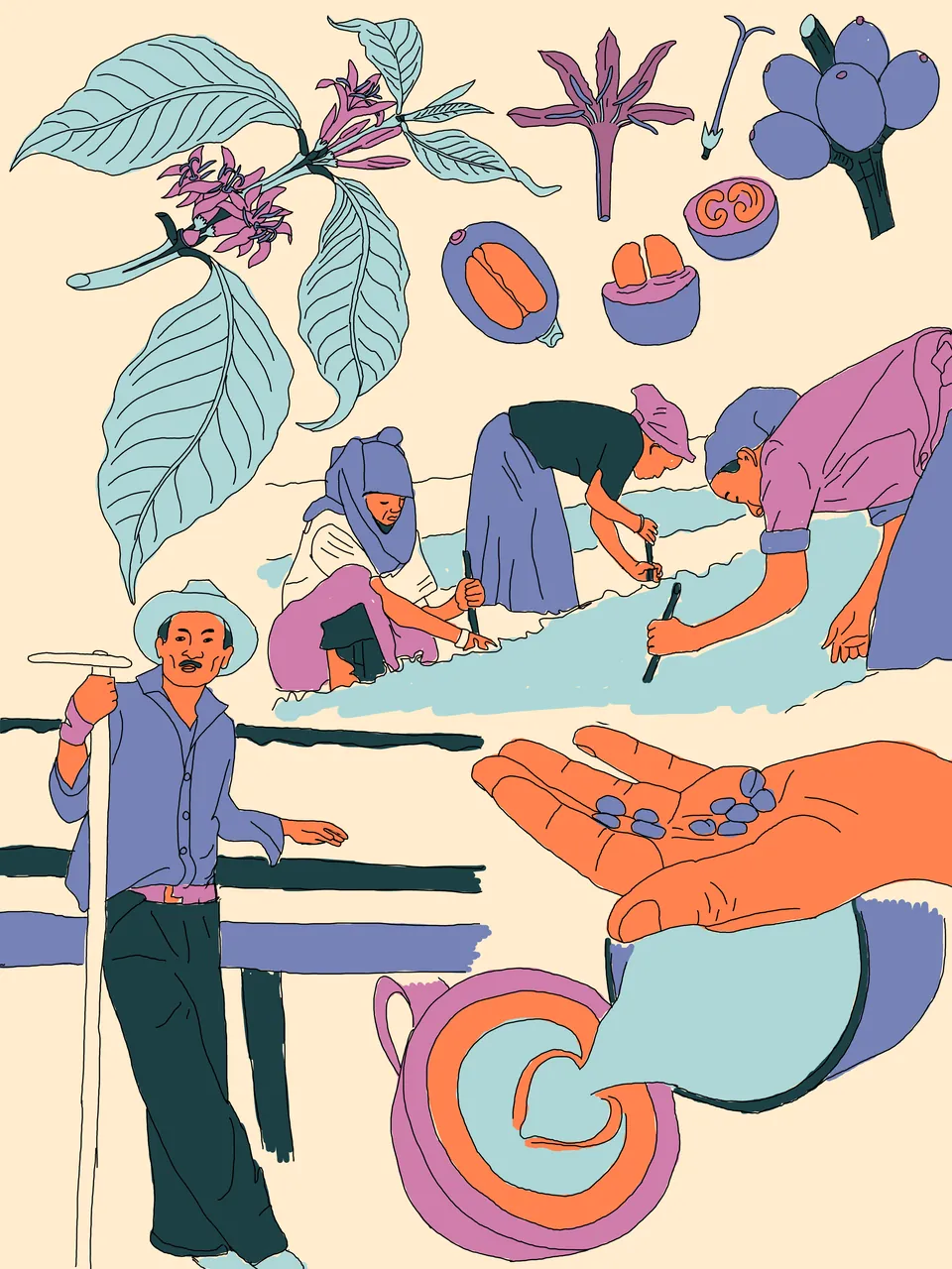 Pact Coffee campaign illustration of coffee farmers at the water's edge, without wordmark or strapline
