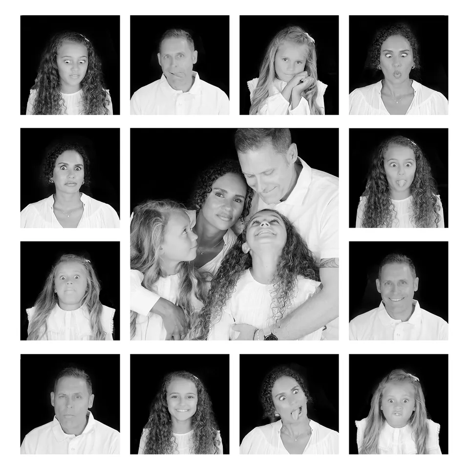Contact-sheet grid of thirteen black-and-white portraits around a central family group