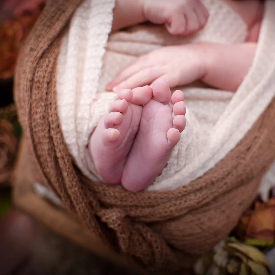 Close detail of a newborn's feet and hand emerging from a knitted brown wrap