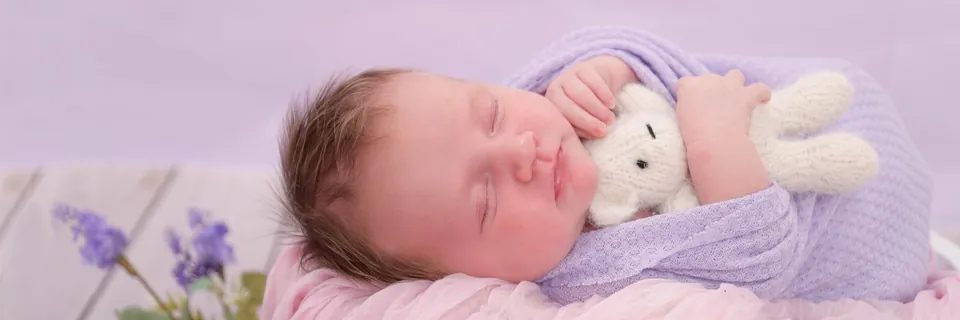 Panoramic frame of a sleeping newborn in a lilac wrap with a small toy bunny