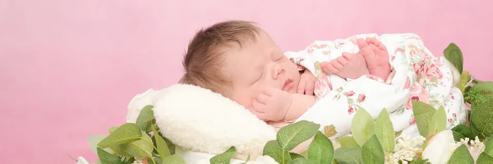 Panoramic frame of a newborn asleep in a floral wrap on pink, ringed with leaves