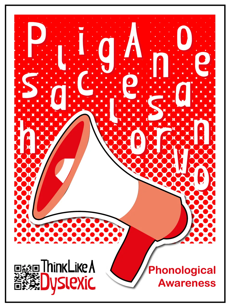 Think Like A Dyslexic poster with a megaphone amid scattered letters on red halftone